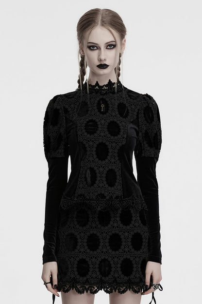 Black Long Puff Sleeves Print Embroidery Women's Gothic Blouse