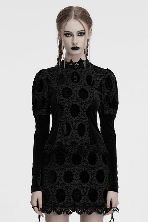 Black Long Puff Sleeves Print Embroidery Women's Gothic Blouse