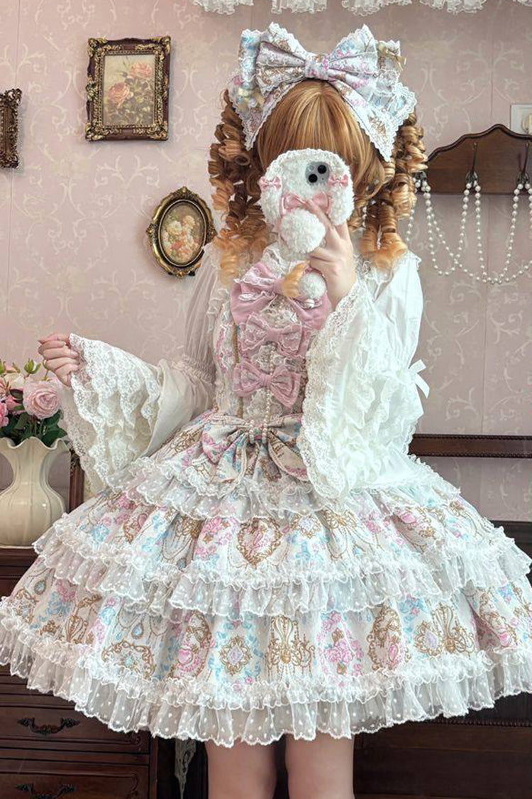 Apricot [Candelabrum Elegy] Sleeveless Triple-Layered Flower Wall Printed Ruffled Bow Lace Sweet Lolita Jsk Dress