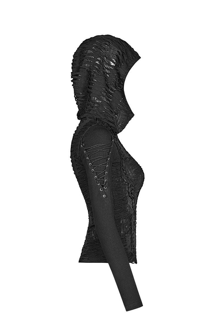 Black Broken Holes Arm DrawString Long Sleeve Hooded Knit Tight  Women's Gothic T-Shirt