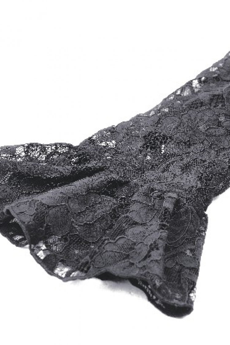 Black Long Puff Sleeves Cut-Out Lace Spliced Velvet Lace-Up Women's Gothic Princess Evening Dress