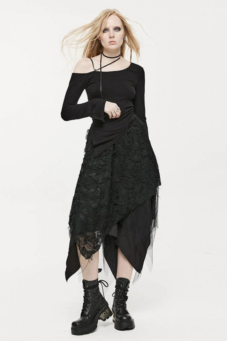 Black Butterfly Metal Buckle Irregular Hem Ripped Women's Punk Skirt