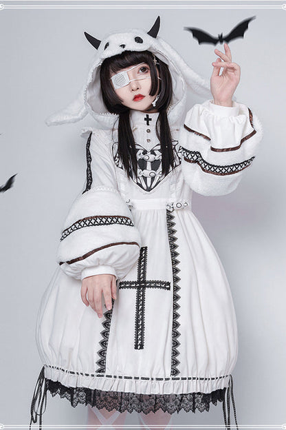 Beige Detachable Hat High Neck Woolen Cuffs Demon Rabbit Gothic Lolita OP Dress