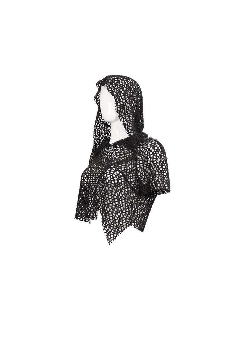 Black Cutout Hood Irregular Hem Aluminium Chain On Shoulder Short Sleeve Women's Punk T-Shirt