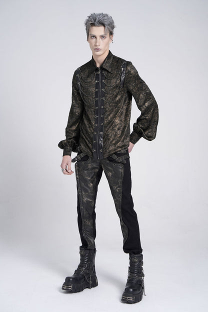 Black Lapel Collar Long Puff Sleeves Faux Leather Stitching Men's Gothic Blouse with Chain