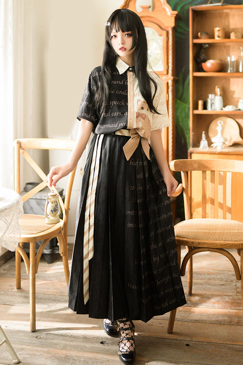 Black High Waisted Orange Cat Print Ouji Lolita Long Skirt