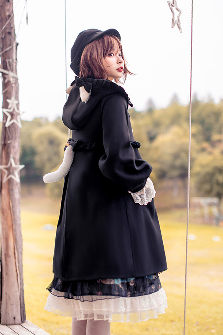 Black Cat Tail Long Sleeves Ruffle Bowknot Hooded Sweet Lolita Coat