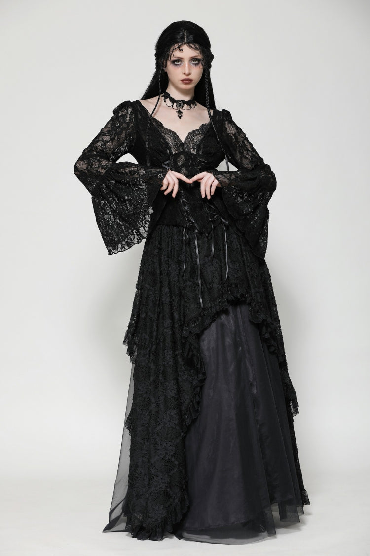 Black Deep V Collar Long Trumpet Sleeves Lace Lace-Up Women's Gothic Corset Top