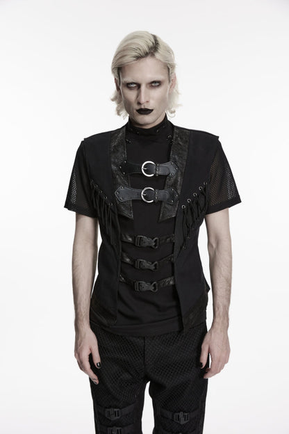 Black Cut-Out Lace-Up Slim Mesh Buckled Eyelet Men's Punk Handsome Vest