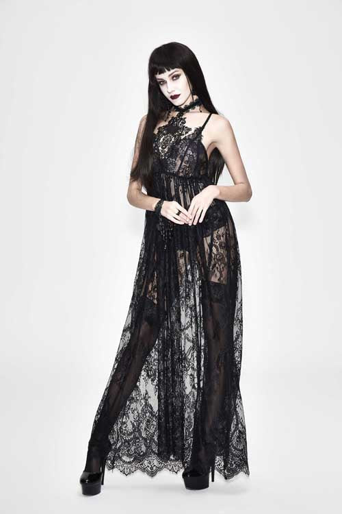 Black Mysterious Night Transparent Lace High Waist Sexy Halter Long Gothic Womens Dress