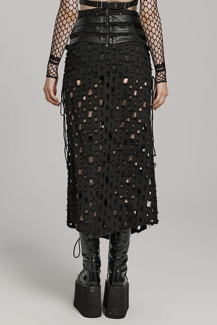 Black Hollow Cross-Taped Stitching Lace-Up Ripped Women's Steampunk Skirt