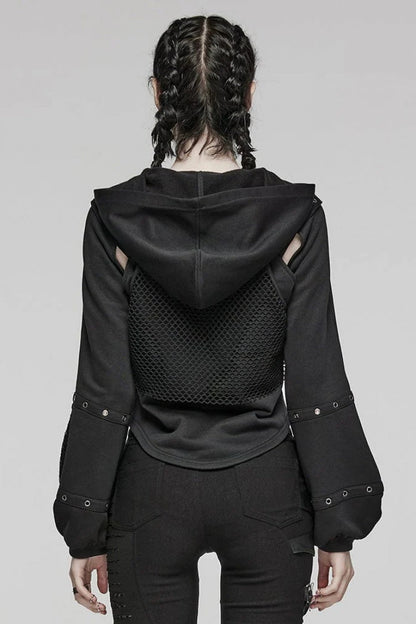 Black Long Sleeves Hollow Mesh Stitching Hooded Womens Steampunk Blouse