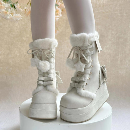 Beige Cute Platform Thick-Soled Bowknot Lace-Up Sweet Lolita Plush Boots