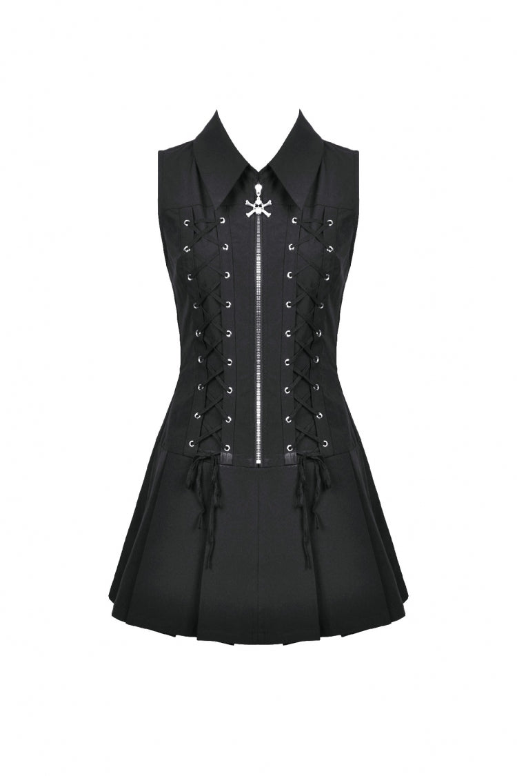 Black Point Collar Sleeveless Skull Zip Women's Punk Dress