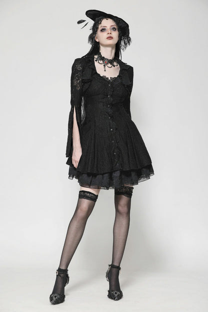Black Long Trumpet Sleeves Embroidered Lace Lace-Up Women's Gothic Honeymoon Dress