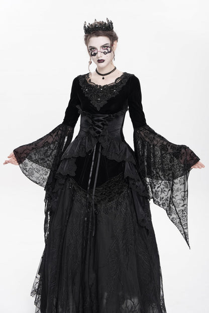 Black Long Sleeves Lace-Up Beaded Pleated Women's Gothic Blouse