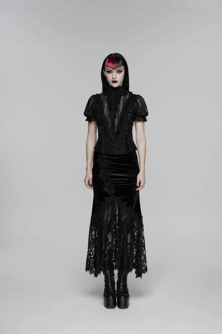 Black Embroidered Lace Slim Women's Gothic Fishtail Velvet Skirt