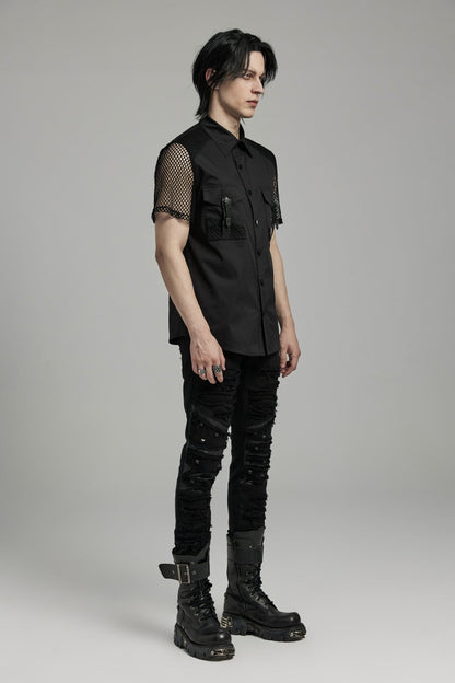Black Lapel Collar Short Sleeves Mesh Stitching Men's Punk Blouse