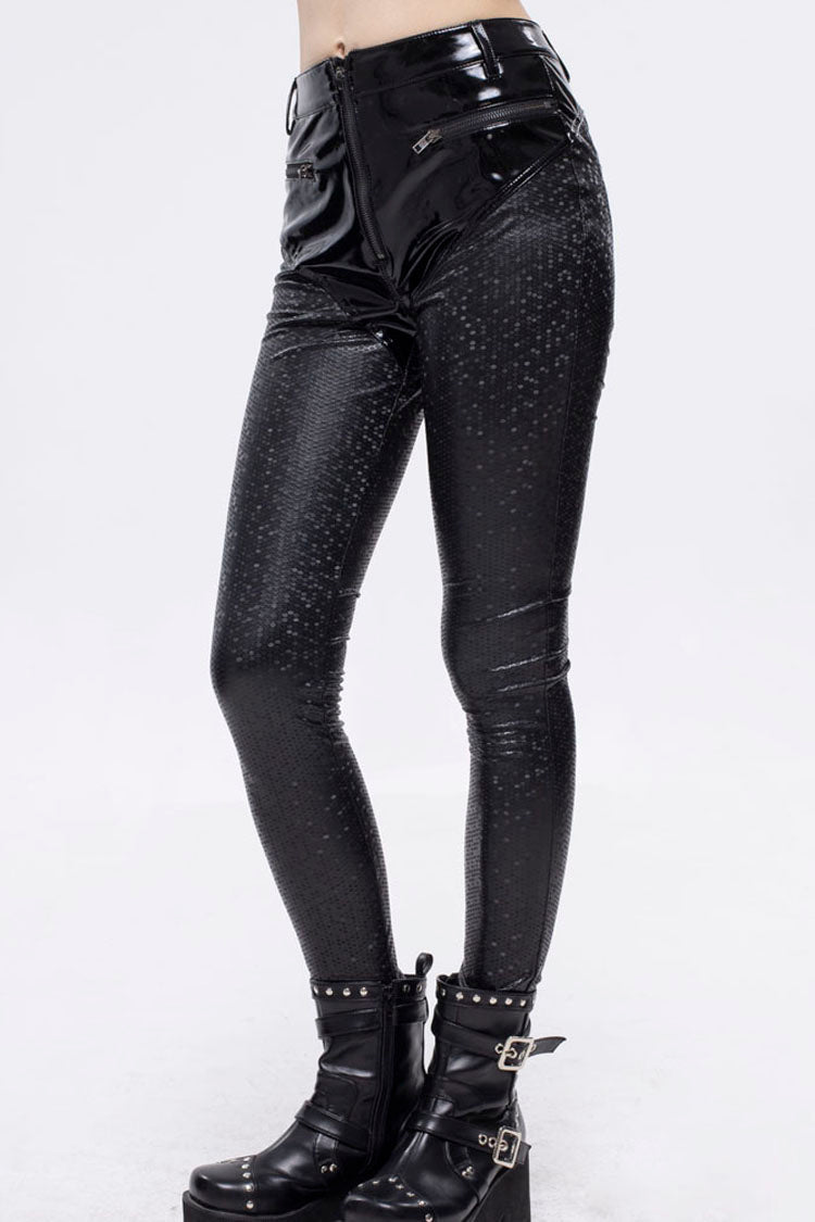 Black Gothic Hexagon Pattern Irregular Star Reflection Shiny Elasticity Leather Women's Leggings