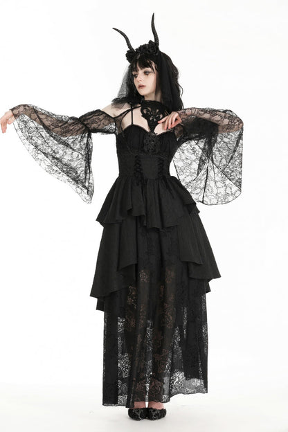 Black Off Shoulder Long Puff Sleeves Cut-Out Lace Women's Gothic Cape