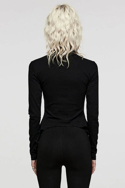 Black Long Sleeves Moon Print Leather Stitching Irregular Womens Steampunk T-Shirt