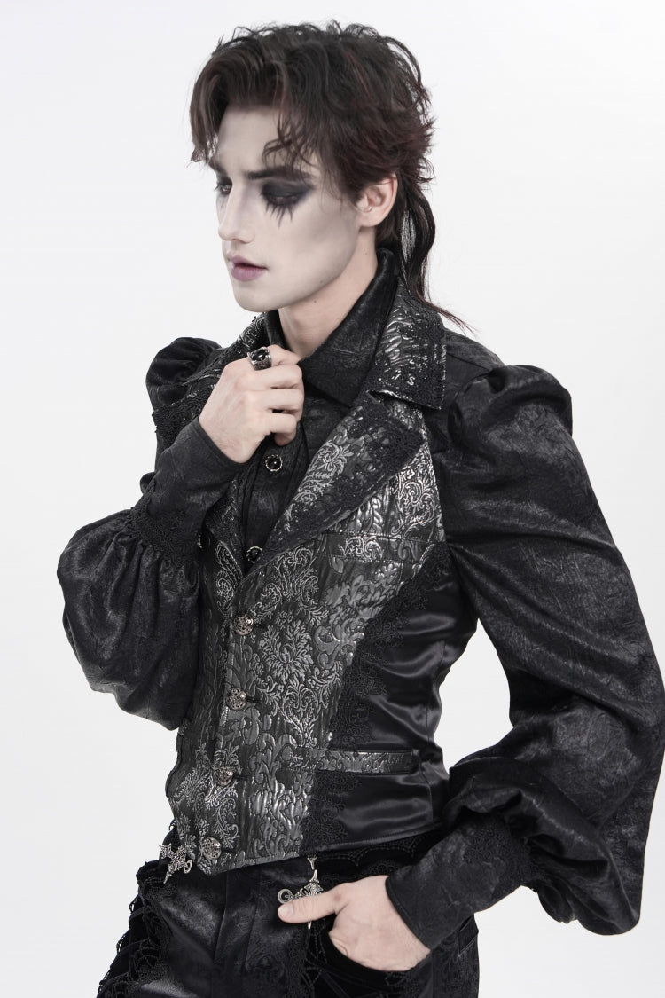 Black Lapel Collar Off Shoulder Halterneck Sleeveless Jacquard Lace Slim Color-Blocked Men's Gothic Palace Vest