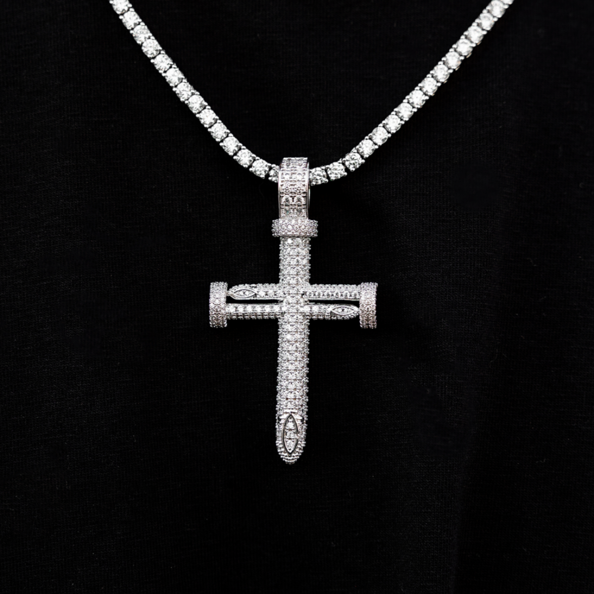 3mm Diamond Tennis Chain + 8.5mm Diamond Cuban Bracelet + Large Nail Cross Bundle- White Gold