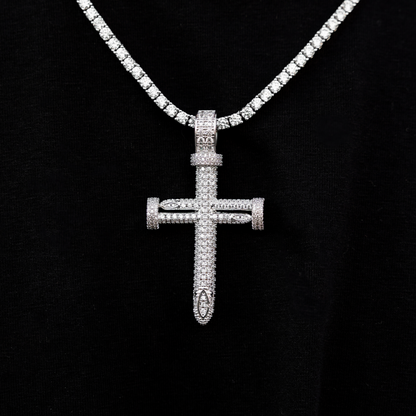3mm Diamond Tennis Chain + 8.5mm Diamond Cuban Bracelet + Large Nail Cross Bundle- White Gold