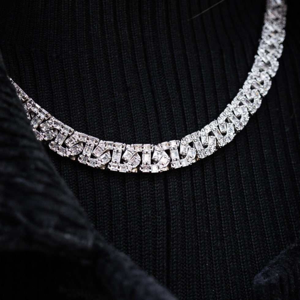 Baguette Chain Link Necklace in White Gold- 8mm