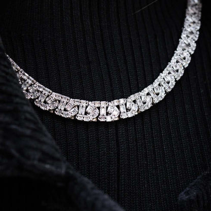 Baguette Chain Link Necklace in White Gold- 8mm