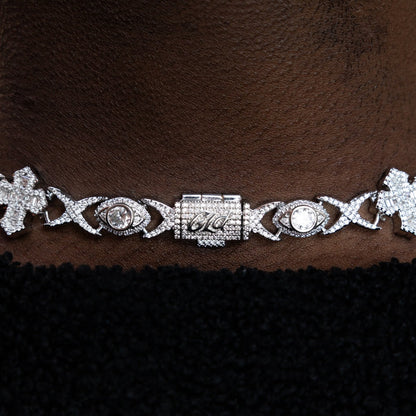 Baguette Cross Evil Eye and Diamond Station Cuban Chains + Bracelet Bundle in White Gold