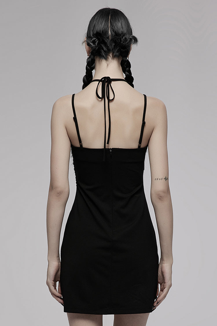 Black Knitted Stretch Hollow-Carved Design Drawstring Bodycon Shoulder Strap Halter Neck Women's Punk Dress