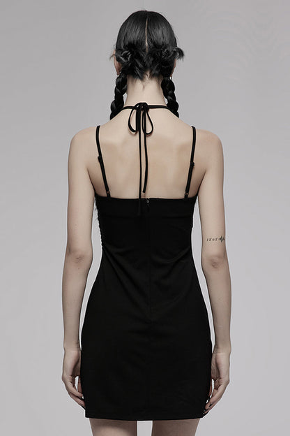 Black Knitted Stretch Hollow-Carved Design Drawstring Bodycon Shoulder Strap Halter Neck Women's Punk Dress