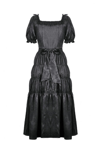 Black Lace Square Collar Short Puff Sleeves Lace-Up Ruched Women's Gothic Wedding Dress