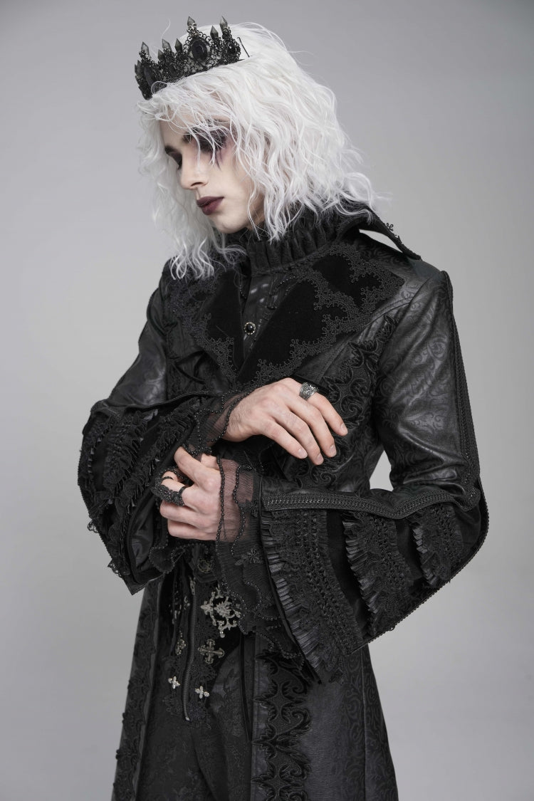 Black Long Trumpet Sleeves Floral Crochet Embroidery Lace-Up Men's Gothic Coat