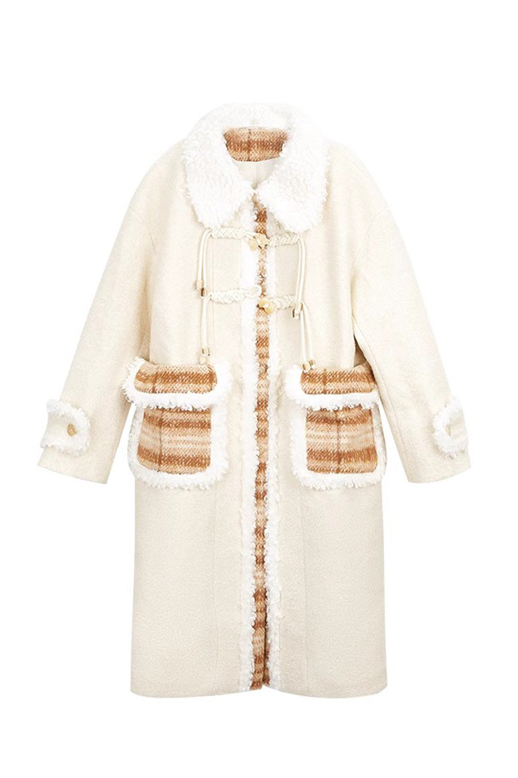 Beige Doll Collar Long Sleeves Plaid Print Stitching Sweet Lolita Coat