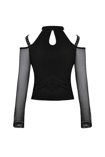 Black Off Shoulder Long Sleeves Lace-Up Mesh Women's Punk Top