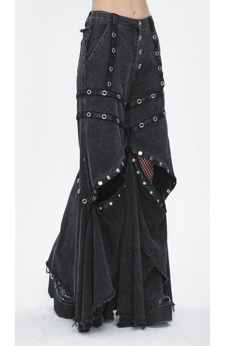 Black Mesh Eyelets Ruffled Flared Womens Punk Pants