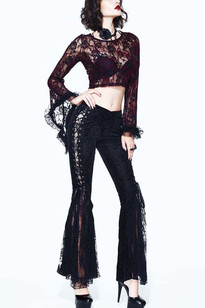 Black Palace Pattern Lace-Up Velveteen Lace Flared Women's Gothic Pants