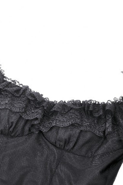 Black Off Shoulder Boat Neck Multi-Layered Long Trumpet Sleeves Lace Spliced Tulle Lace-Up Women's Gothic Fantasy Dress