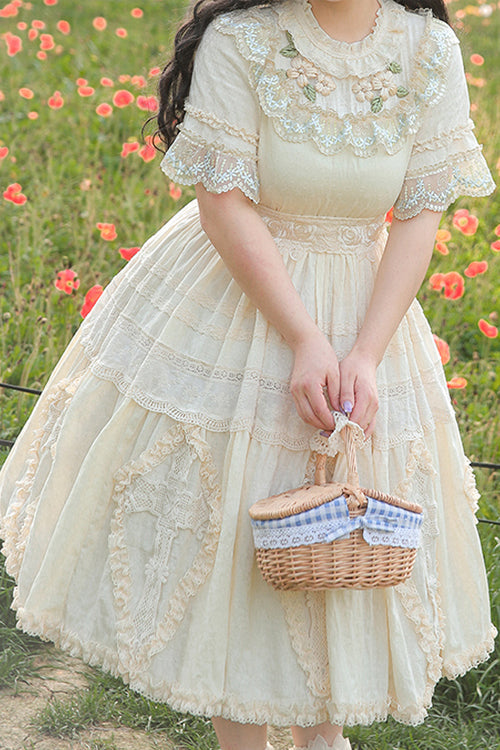 Beige Ruffled Round Collar Lace Cross Floral Embroidery Short Sleeves Plus Size Sweet Lolita OP Dress