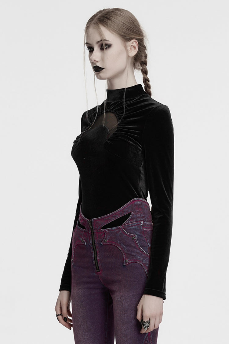 Black Moon Print Mesh Ruched Women's Gothic Blouse