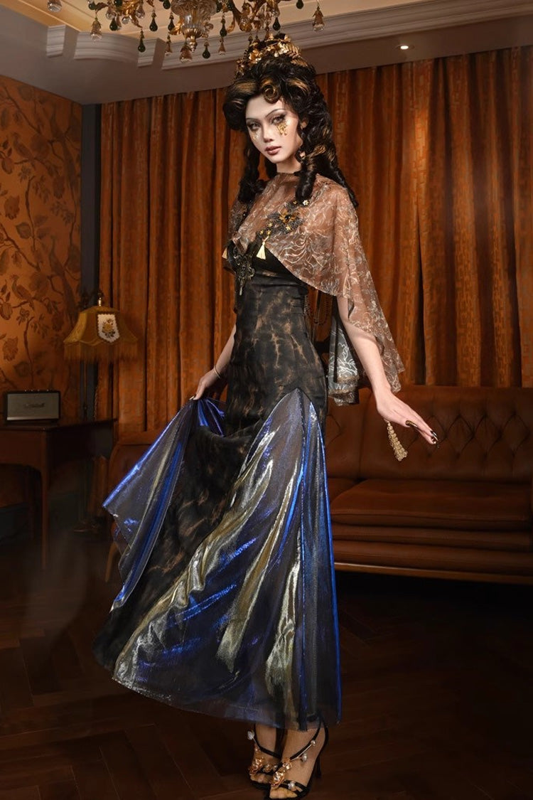 Black Gilded European Style V Collar Sleeveless Print Ruffle Lace Slim Gothic Lolita Jsk Dress