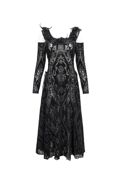 Black Off Shoulder Ruffled Flocked Print Long Women's Gothic Dress