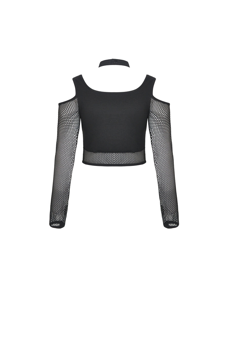 Black Off Shoulder Long Sleeves Lace-Up Chest Straps Sheer Mesh Women's Punk Top