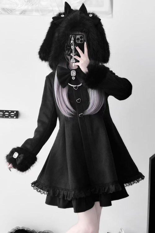 Black Long Sleeves Bowknot Rabbit Ears Detachable Hooded Japanese Jirai Kei Coat