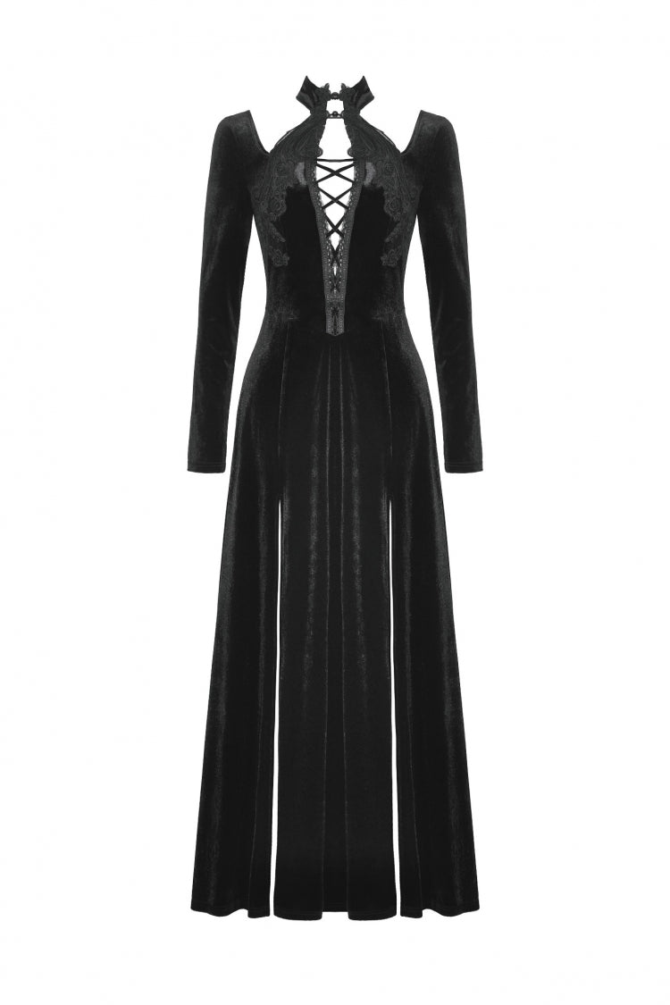 Black Long Sleeves Cut-Out Lace-Up Women's Gothic Side Slit Velvet Party Dress Wedding Dress