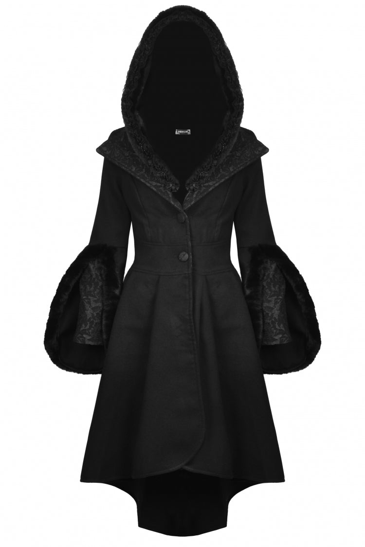 Black Lapel Collar Long Sleeves Women's Gothic High Low Woolen Dovetail Coat with Hood