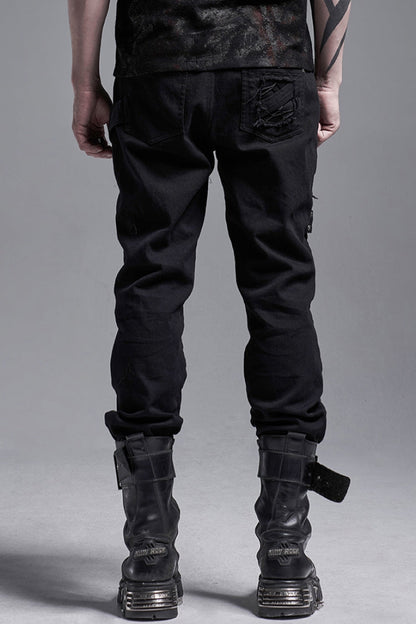 Black Metal Buckle Bandage Hollow Stitching Irregular Ripped Men's Gothic Pants