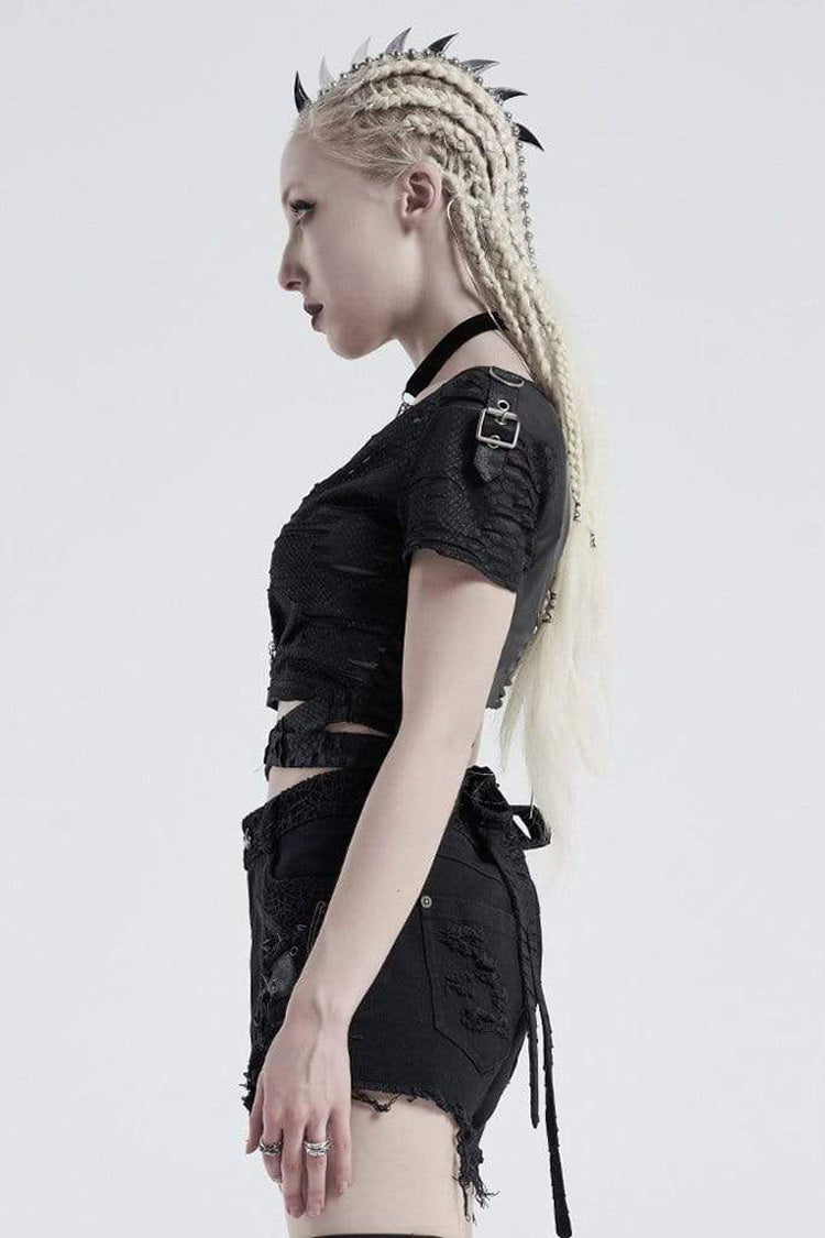 Black Knit V Neck Short Sleeve Back Waist Bandage Broken Holes Women's Punk T-Shirt